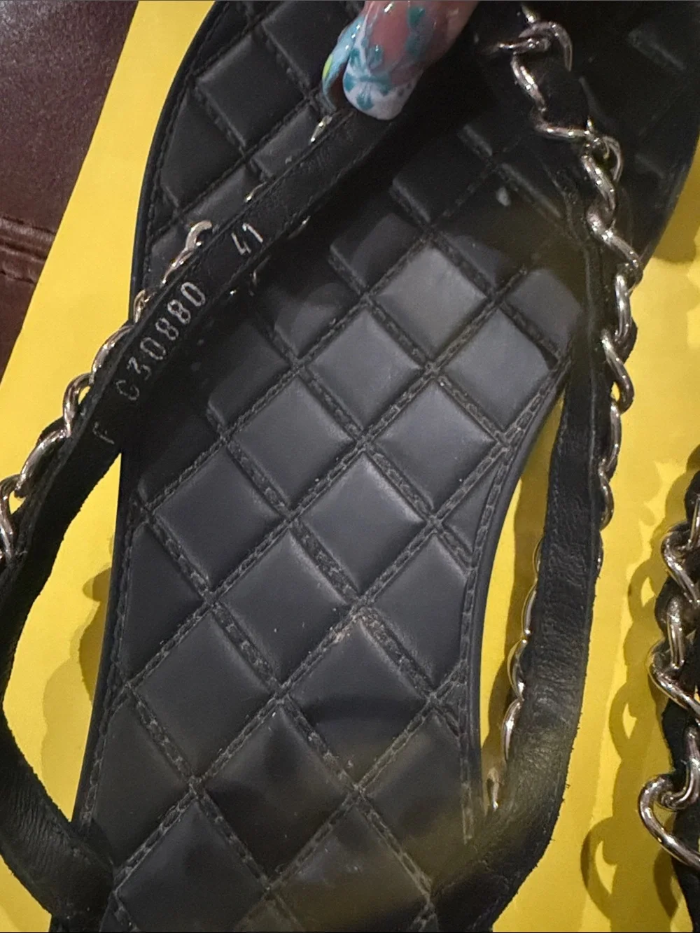 CHANEL Black Quilted Chain-Trim Thong Sandals